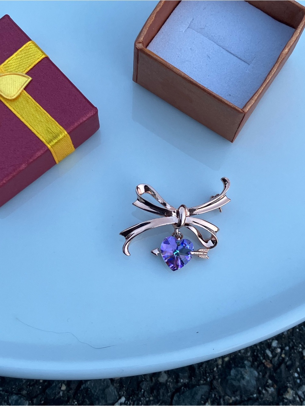 Rose Gold Bow with Hanging Purple & Blue Crystal Heart Brooch INCLUDES GIFT BOX